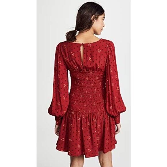 NWT Free People Red Floral Print Smocked Long Sleeve Mini Dress Sz M Cottagecore - Picture 2 of 12